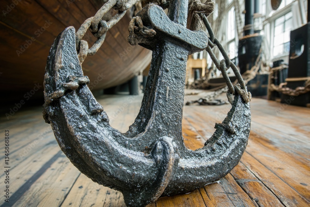 Poster a large anchor sits on a wooden floor in a room, providing a unique decorative element
