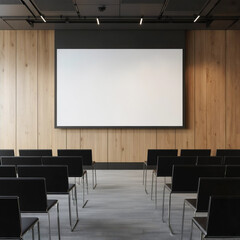 木目調の壁と巨大スクリーンを備えたモダンな講義室 - プレゼンテーション、セミナー、教育、ビジネスイベント用の空の会議場