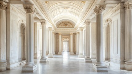 Grand colonnaded hall, sunlight streams, opulent interior, timeless elegance.  Possible use Stock photo