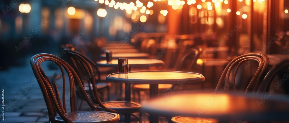 Poster outdoor seating arrangement with rows of tables and chairs on a sidewalk
