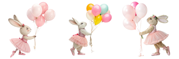 Set of A sweet, soft rabbit ballerina in a pink tutu and pink pointe shoes stands gently holding color balloons in one paw isolated on a transparent background