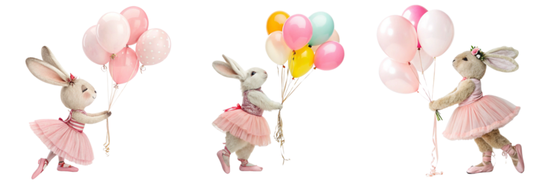 Set of A sweet, soft rabbit ballerina in a pink tutu and pink pointe shoes stands gently holding color balloons in one paw isolated on a transparent background - Powered by Adobe