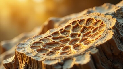 Intricate Organic Patterns Etched in Golden Hues of a Natural Formation at Dawn