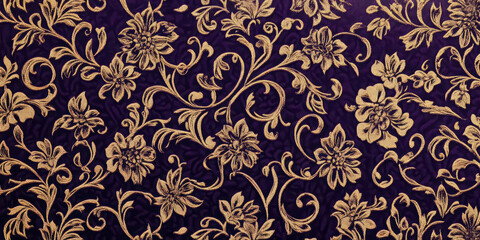 A richly patterned brocade fabric texture background with intricate floral motifs in deep purple and gold. The raised woven design adds depth and luxury, reminiscent of classical European textiles and