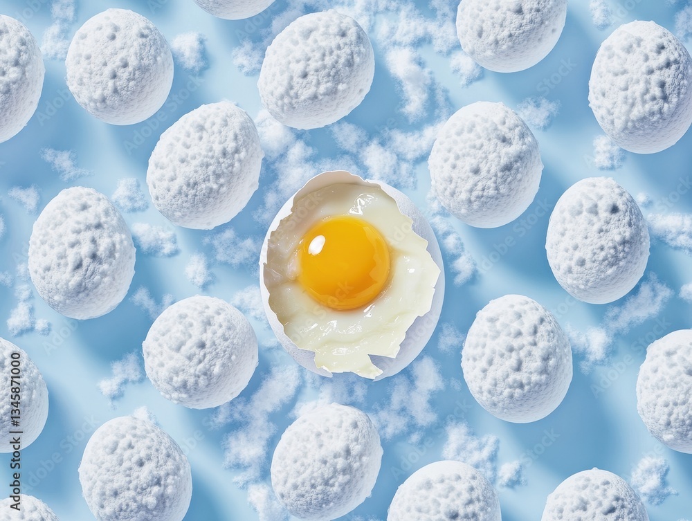 Poster creative concept of eggs in a surreal setting with white clouds and bright yellow yolks in the cente