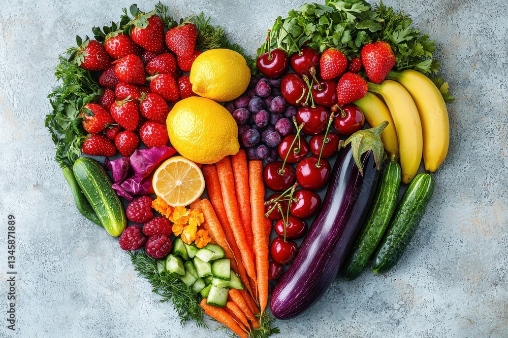 Poster colorful assortment of fresh fruits and vegetables arranged in heart shape on a textured surface