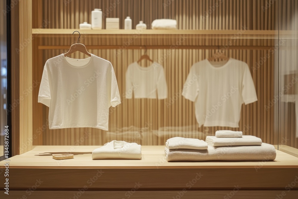 Aufkleber neatly arranged white clothing in a minimalistic shop display highlighting simplicity and elegance