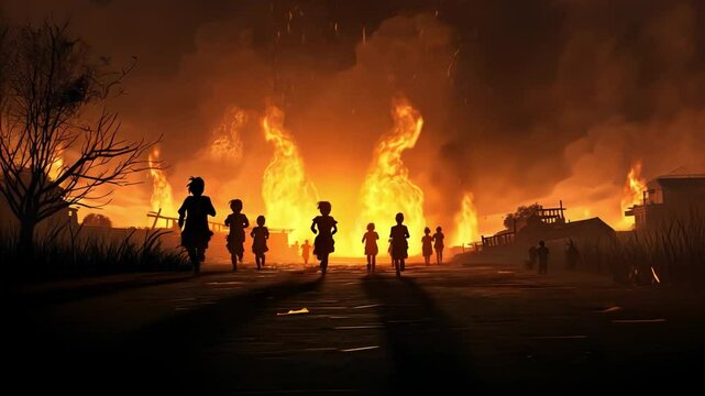 Desperate Escape: Silhouetted children race away from a raging inferno, their figures stark against the backdrop of devouring flames. This depicts the devastating consequences of disaster