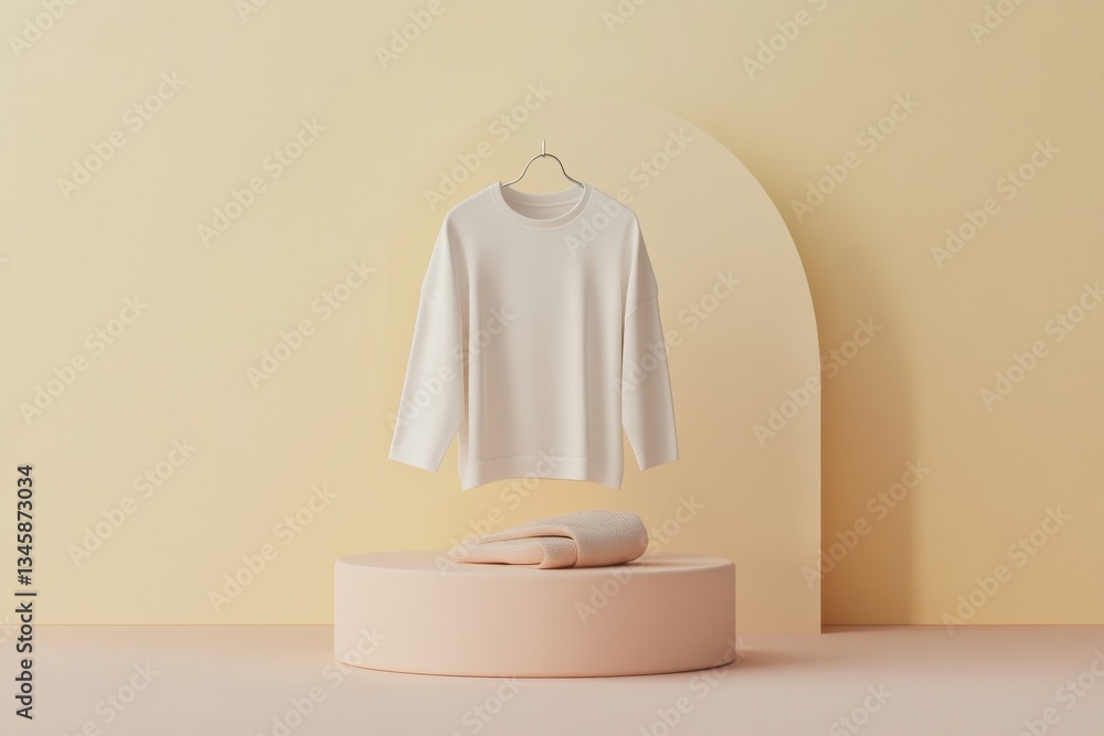 Aufkleber soft white sweater suspended in a minimalist display with pastel colors and simple shapes