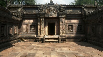 Fototapeta premium Ancient temple facade with courtyard, entry open, stone structure, cultural site, sunny day