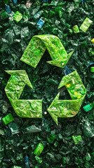 Green recycling symbol surrounded by cardboard, plastic bottles, and fresh green leaves, concept of environmental sustainability and waste management, banner with copy space