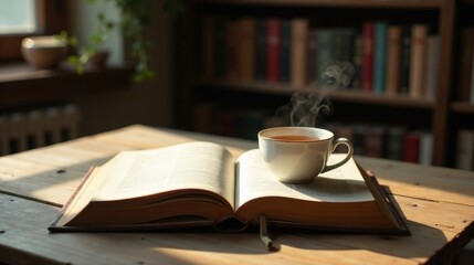 Naklejka premium A steaming cup of tea rests upon an open book, bathed in the warm sunlight filtering through a nearby window, creating a peaceful and inviting atmosphere in a home library setting.