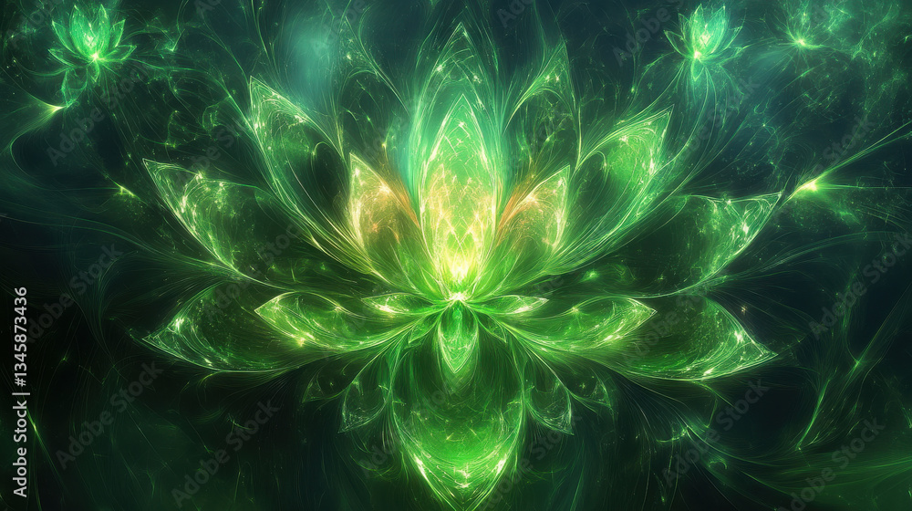 Poster abstract background of vibrant green fractal lotus flower design with glowing patterns