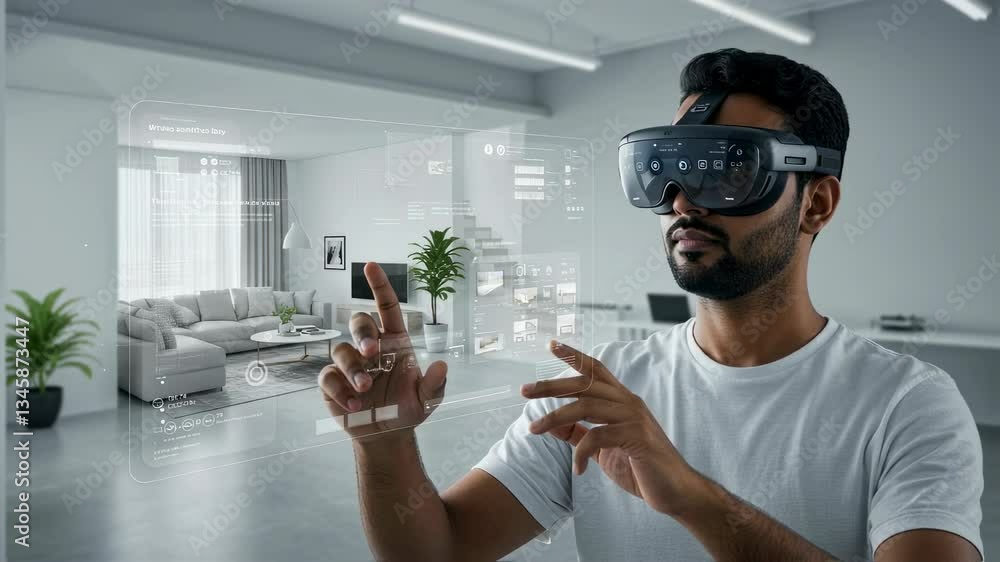 Poster man uses augmented reality interface in modern apartment. futuristic technology virtual screen in li