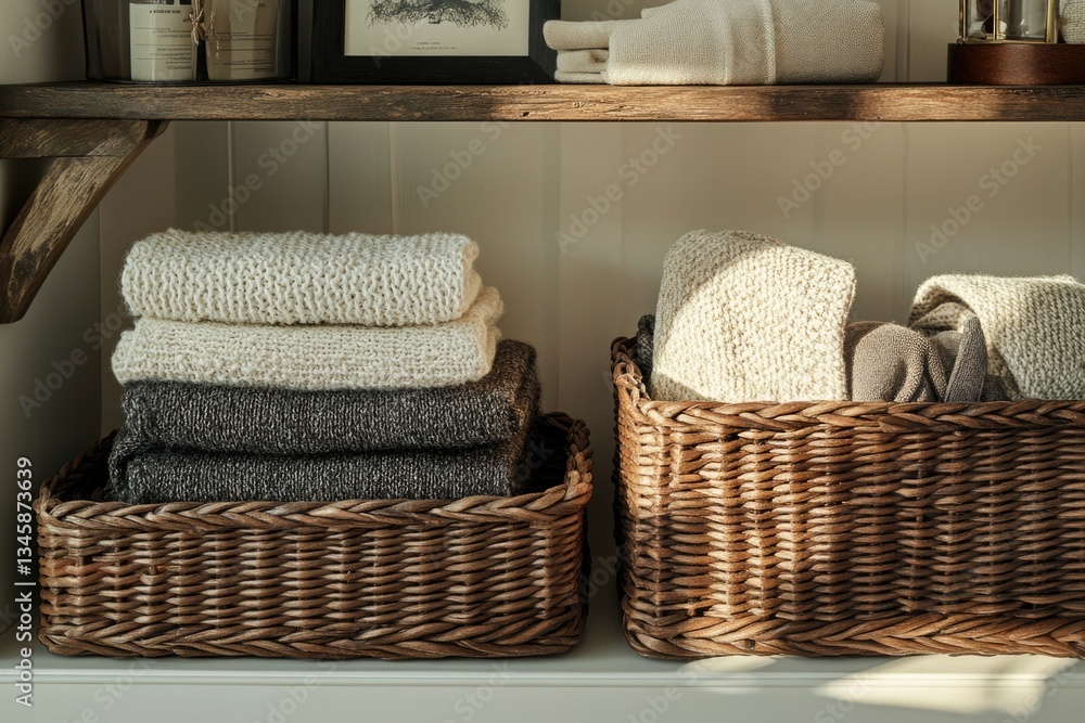 Poster A collection of towels stacked on a shelf