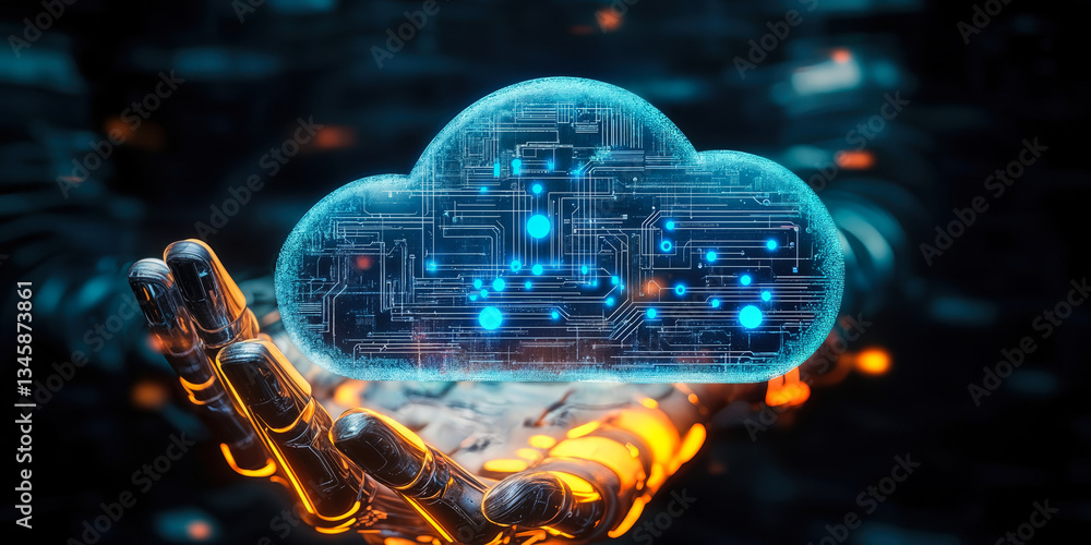 Aufkleber futuristic robotic hand grasping glowing cloud computing symbol with digital circuitry in 3d rendere