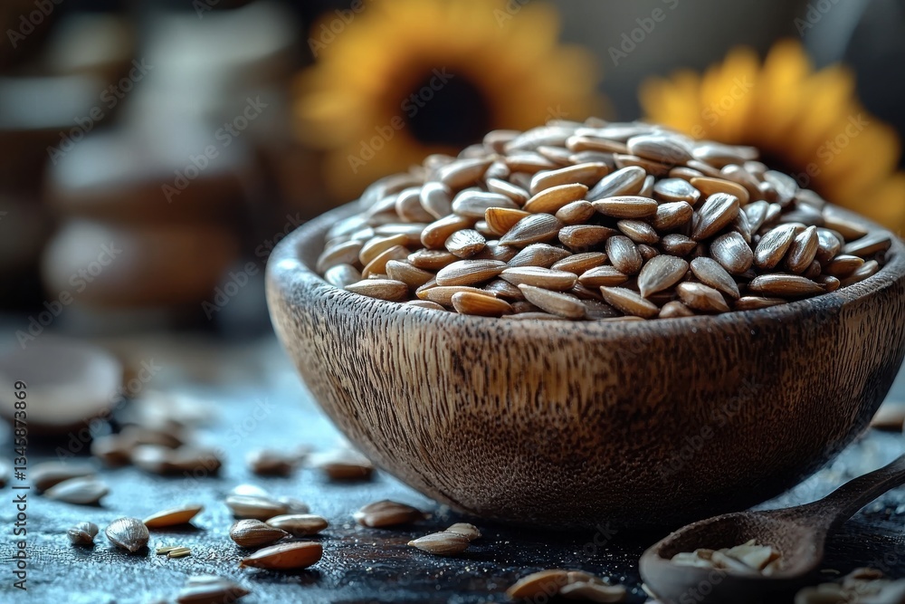 Poster sunflower seeds in a wooden bowl with blurred flowers and rustic decor in the background during a co