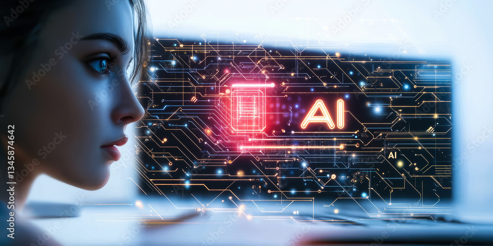 Poster digital ai interface with futuristic circuit design illuminated on modern office workspace screen