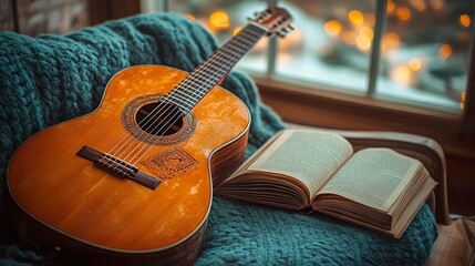Fototapeta premium An acoustic guitar rests near an open book on a chair