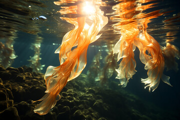 sun radiant beams caress undulating seaweed as it dances beneath crystal clear waves, enveloping surroundings tranquil and weightless ambiance