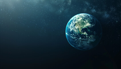 Fototapeta premium Planet Earth in space with glowing atmosphere and stars. Earth Day poster with space for text