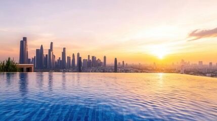 Fototapeta premium Luxury Rooftop Pool with Urban Skyline at Sunset