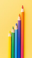 Colorful pencils ascending on yellow; growth concept; education background; stock photo