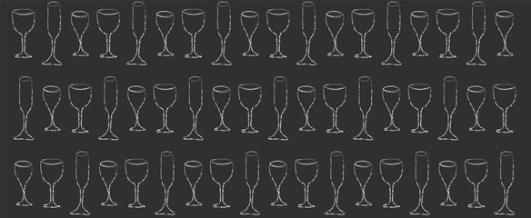 Chalk drawing of wine glass pattern. Vintage doodle black mediterranean dinner illustration with biodynamic cocktail. Crayon outline art and sketch painting. Creative presentation for local club.
