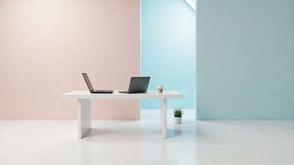 Minimalist Office Desk with Laptop and Plant