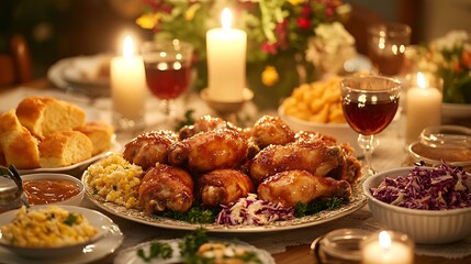 A family-style feast with a large platter of honey garlic glazed fried chicken drumsticks, fresh cornbread, coleslaw, and dipping sauces, rich and inviting table setting, warm candlelight ambiance,