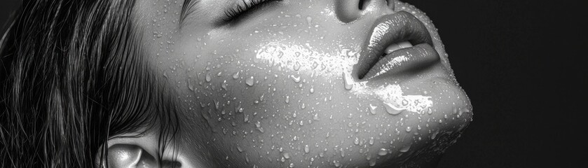 Fototapeta premium Discover luminous skin with this captivating monochrome beauty shot, showcasing a model's radiant complexion enhanced by a glossy moisturizing face mask Experience modern aesthetics in skincare