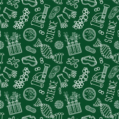 Seamless pattern with science laboratory tools and symbols. Hand drawn line art chack scetch biology, chemistry vector background on blackboard