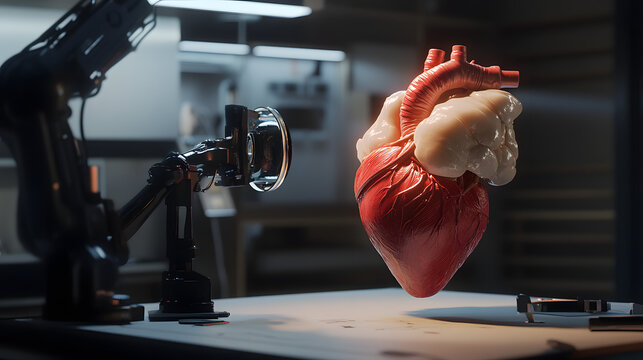 Close-up footage of a human heart next to a robotic arm