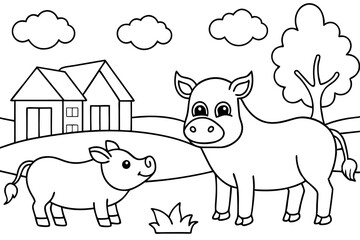 farm animals in field coloring page for kids line art silhouette vector illustration