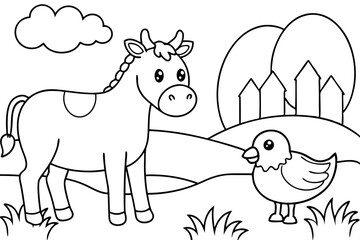 farm animals in field coloring page for kids line art silhouette vector illustration