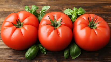 Ripe Tomatoes & Basil on Wood.