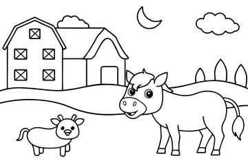 farm animals in field coloring page for kids line art silhouette vector illustration