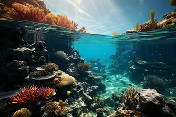 tropical islands burst with vibrant life, boasting a kaleidoscope of ecosystems, a rich tapestry of cultures, coral reefs teeming with marine creatures, and a blissful harmony between mankind and natu