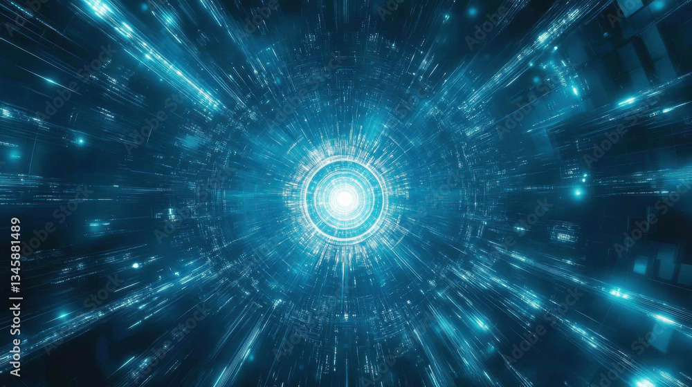 Poster abstract background of high tech energy core emitting symmetrical cyan light in digital space