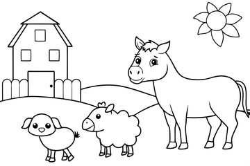 farm animals in field coloring page for kids line art silhouette vector illustration