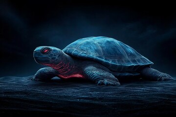 Obraz premium A deep-sea turtle lurking in the shadows of an underwater trench, glowing red from within