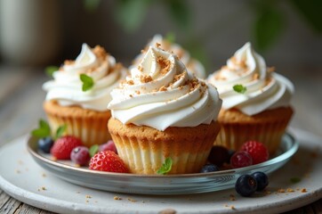 Delicate, golden brown, topped with creamy frosting and garnished with fresh berries