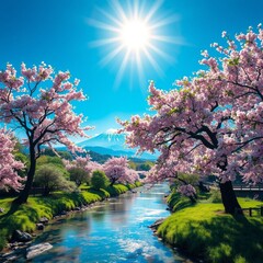 Blossoming cherry trees with a serene river and Mount Fuji under a bright sun