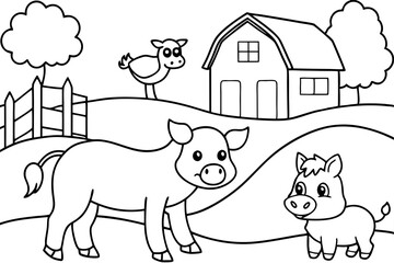 farm animals in field coloring page for kids line art silhouette vector illustration