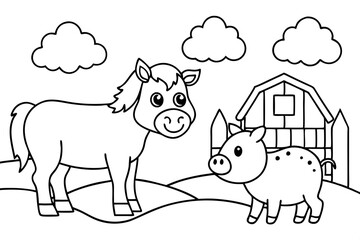 farm animals in field coloring page for kids line art silhouette vector illustration