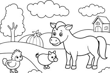 farm animals in field coloring page for kids line art silhouette vector illustration