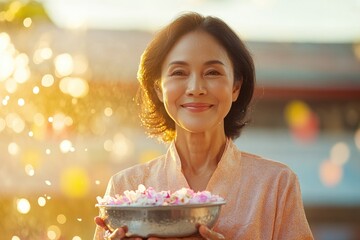 Joyful woman holds bowl of flowers, celebrating traditional Thai
