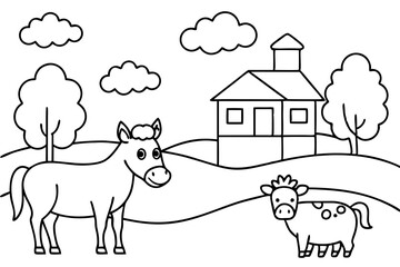 farm animals in field coloring page for kids line art silhouette vector illustration