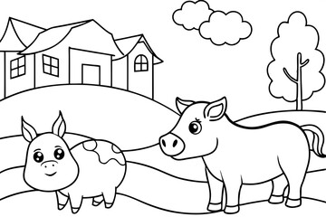 farm animals in field coloring page for kids line art silhouette vector illustration