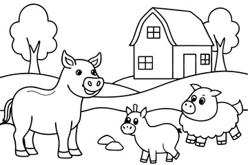 farm animals in field coloring page for kids line art silhouette vector illustration